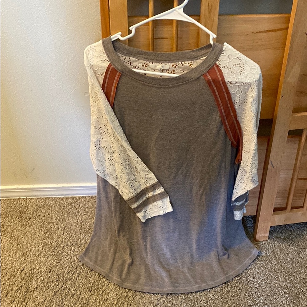 Gray and Lace Long Sleeve Top